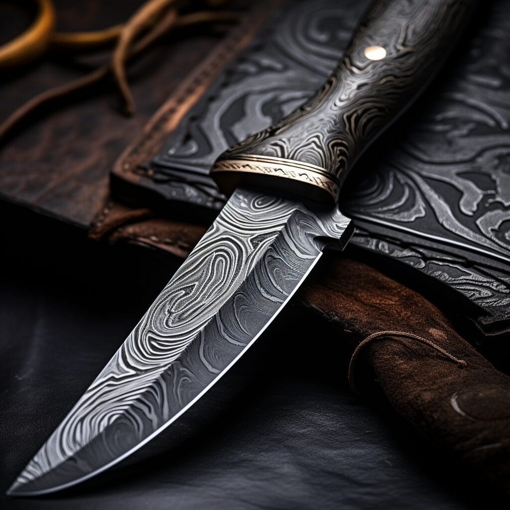 A Damascus knife is sitting on top of a leather cover.