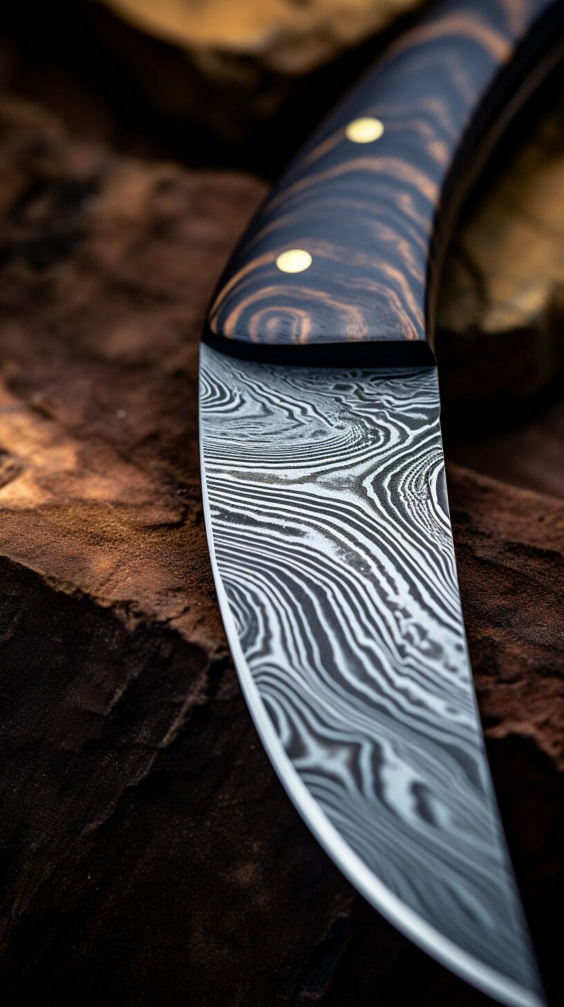 A Damascus knife on a piece of wood with a pattern on it.