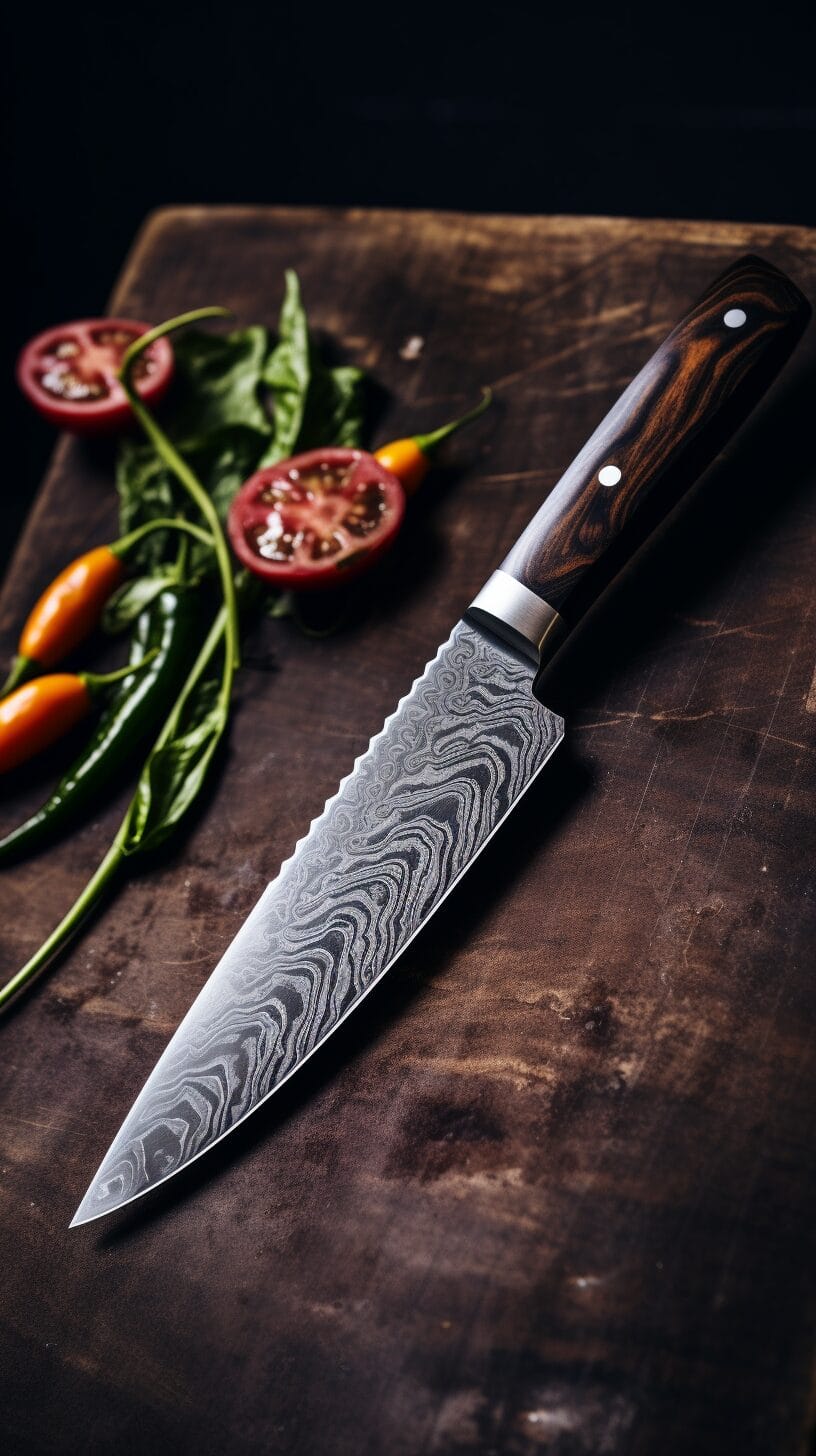 A Damascus knife on a cutting board with tomatoes on it.