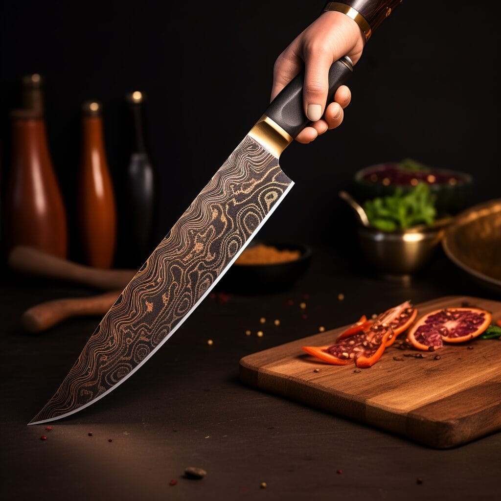 A chef holding a Damascus knife on a cutting board.