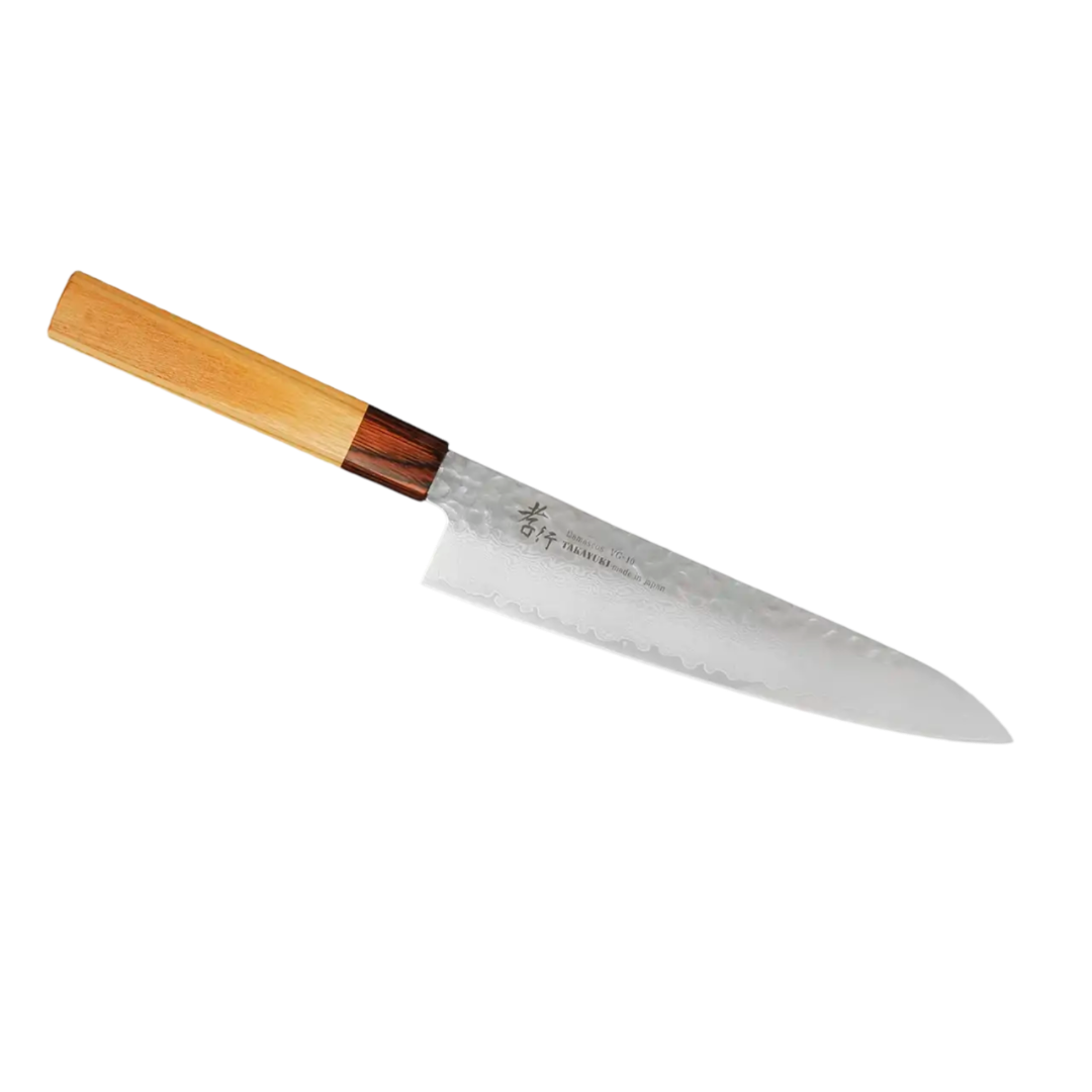 A knife with a wooden handle on a black background.