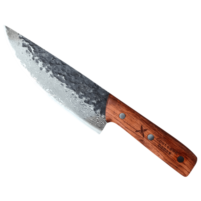 A knife with a wooden handle on a black background.