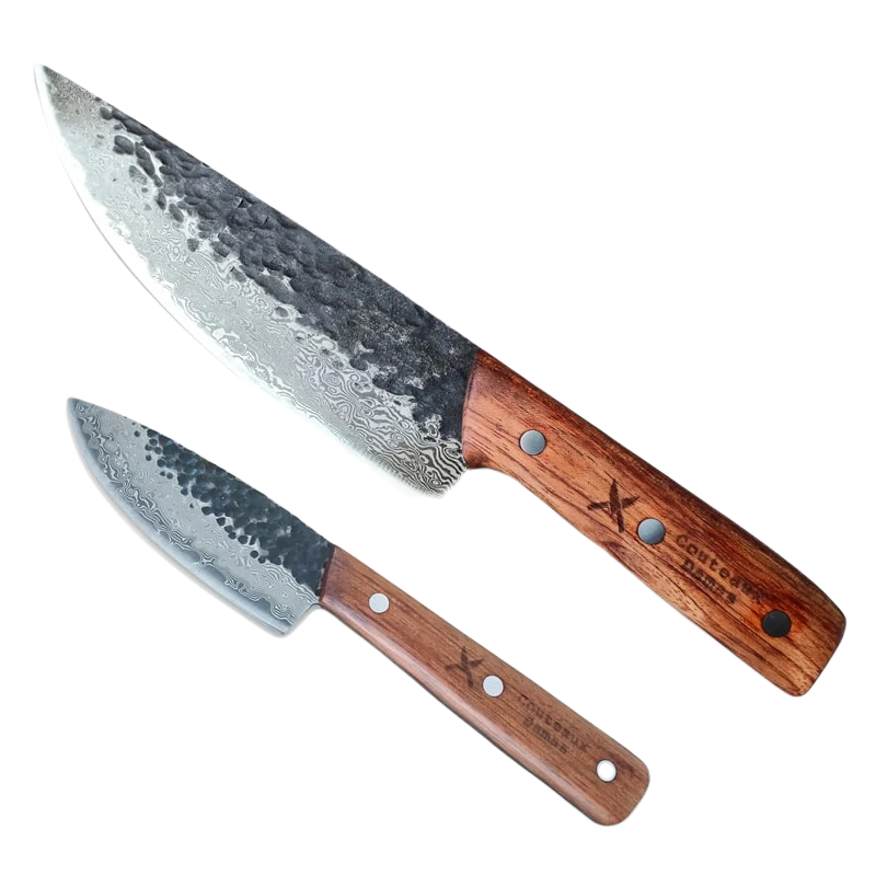 Two Damascus knives with wood handles on a black background.