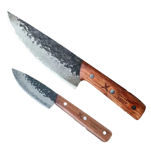 A damascus kitchen knife set with wooden handles on a white background.