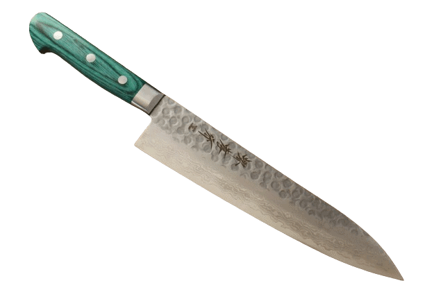 A Japanese Damascus knife Sakai Takayuki with a green handle on a black background.