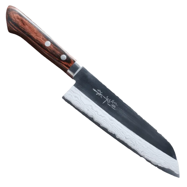 A damascus santoku knife with a wooden handle on a white background.