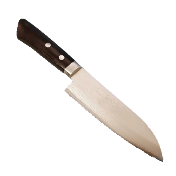 A Damascus santoku knife with a wooden handle on a white background.