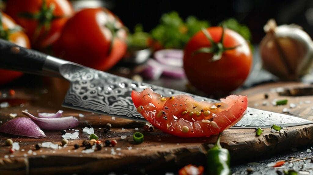 A chef's knife with a Damascus steel blade lifts a slice of tomato garnished with seeds and herbs on a wooden cutting board surrounded by fresh vegetables.