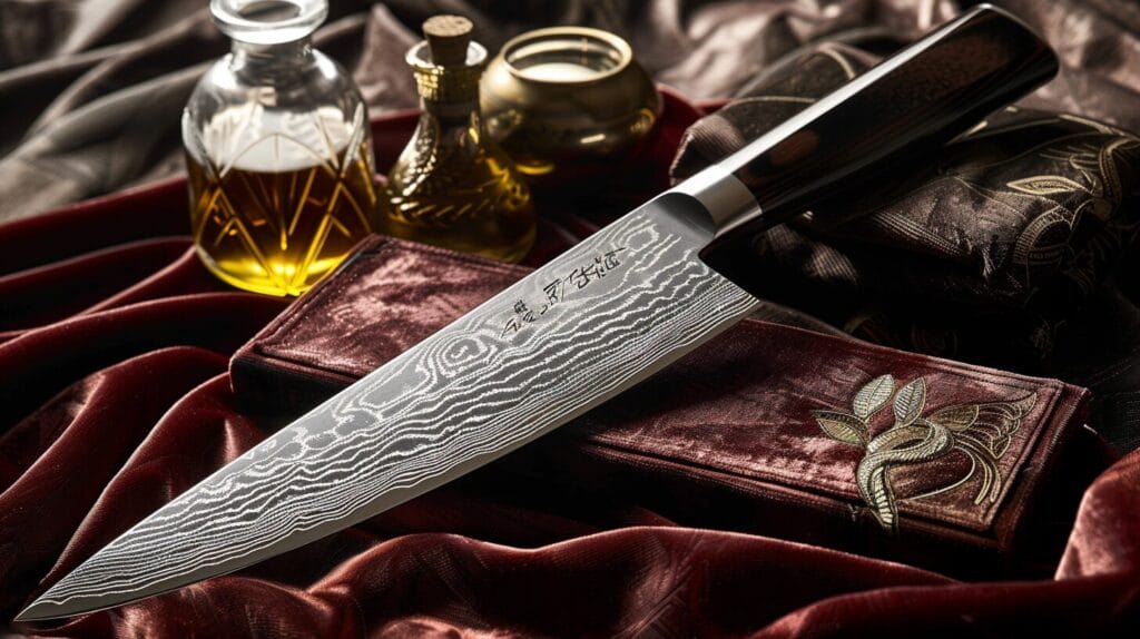 A damascus steel chef's knife, renowned for its strength and sharpness, rests on a red silk cloth, with ornate perfume bottles and a leather-bound book in the background.