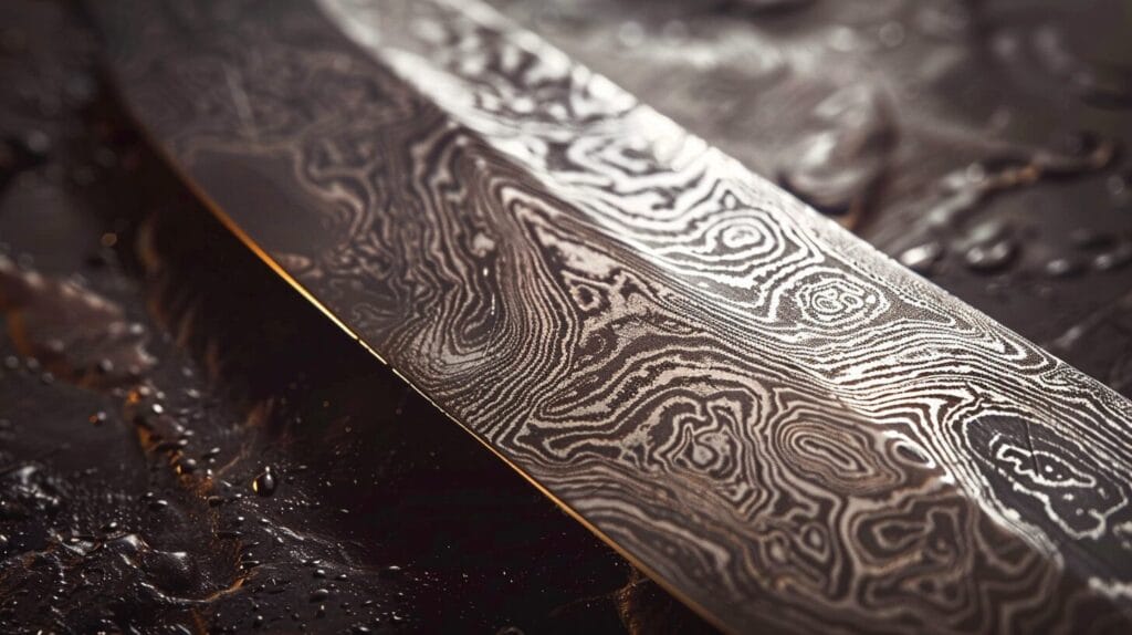 Close-up of a Damascus steel blade demonstrating why it is better, showing intricate patterns and water droplets on a dark background.