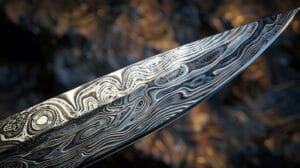 Close-up of a damascus steel knife blade, exemplifying why it is better with its distinctive wavy patterned surface.