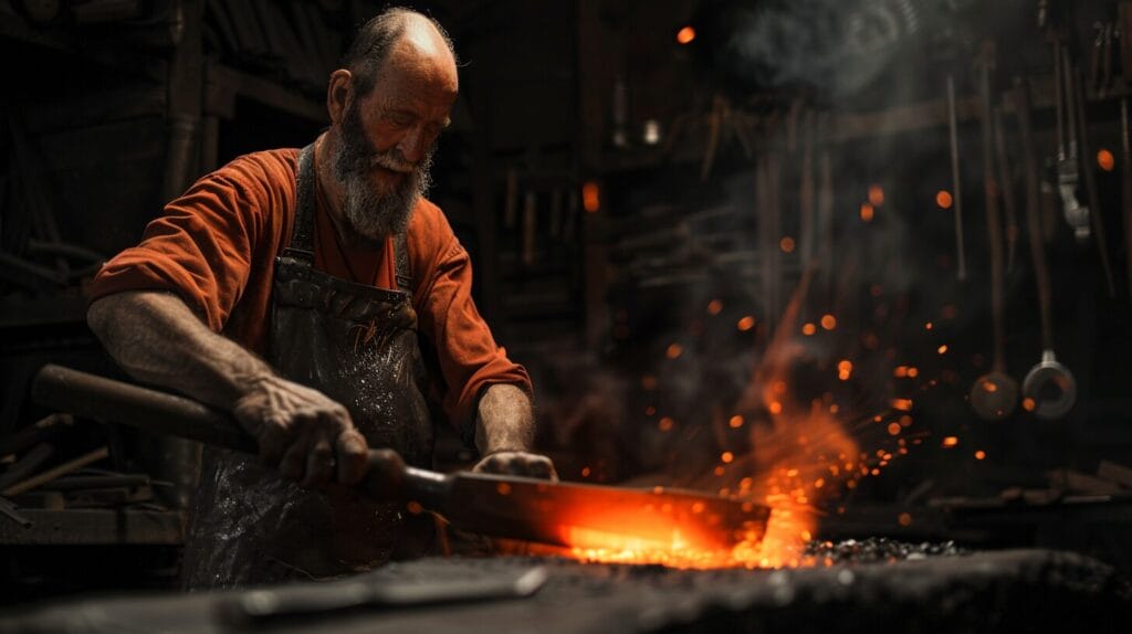 In a dimly lit workshop filled with tools, a bearded blacksmith in an orange shirt and leather apron hammers a glowing piece of metal, with sparks flying. The atmosphere harkens back to the ancient artistry of metallurgists who once knew when Damascus steel was invented.