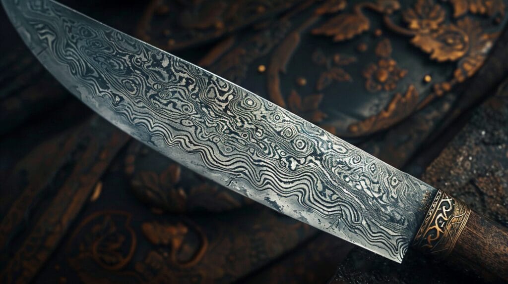 Close-up of a Damascus steel blade, renowned for its strength and sharpness, with intricate patterns, resting on a carved wooden surface.