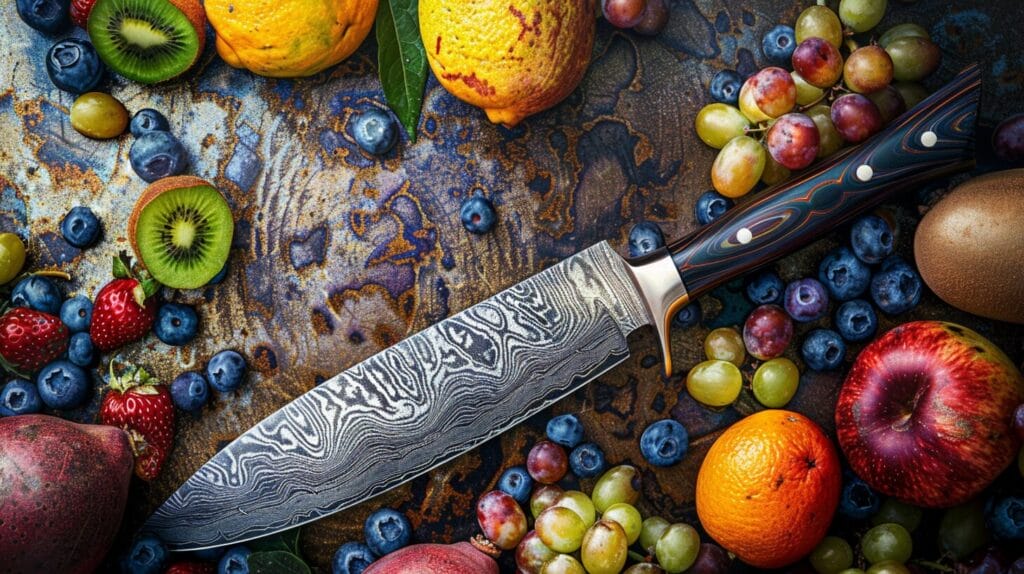 A patterned Damascus steel chef's knife lies amidst an assortment of fruits including grapes, blueberries, strawberries, kiwi, pomegranate, oranges, and a lemon on a textured surface.