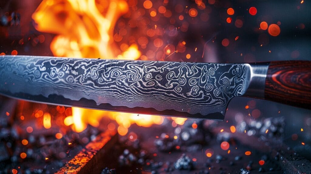 A close-up of a Damascus steel knife blade is shown against a background of glowing forge fire and flying sparks, capturing the art of knife making.