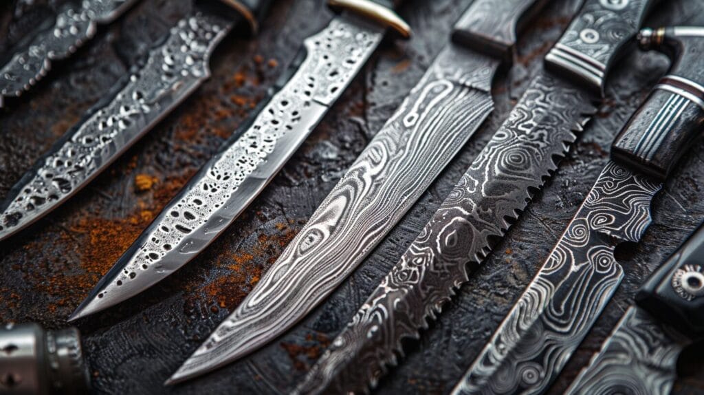 A variety of Damascus steel knives with intricate patterns, a technique dating back to ancient times, displayed on a textured surface.