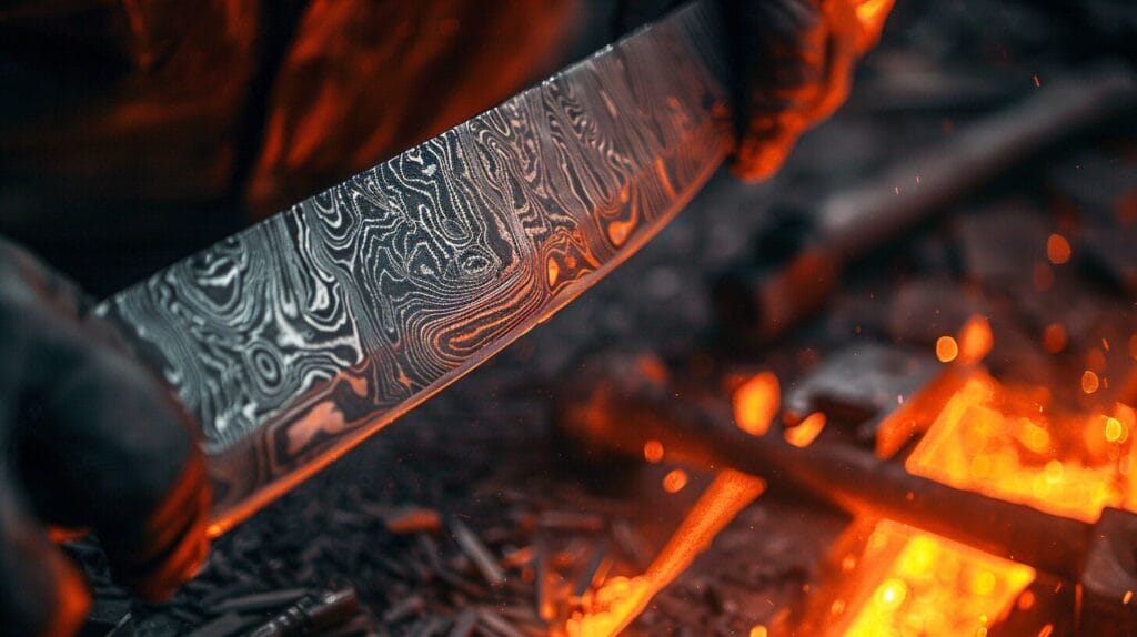 Close-up of gloved hands holding a detailed, patterned blade in front of glowing embers, possibly forged using techniques similar to when Damascus steel was invented in ancient times.