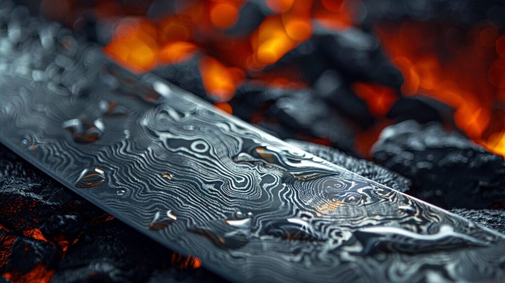 Close-up of a damascus knife blade with water droplets on it, resting on glowing red-hot coals.