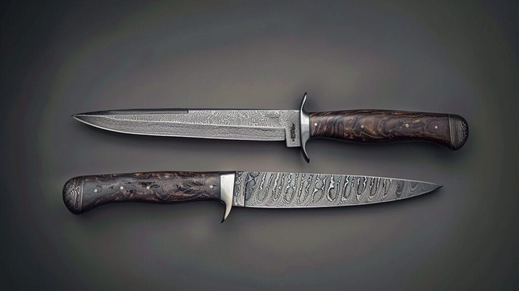 One ornate Damascus steel knife with a patterned blade and detailed wooden handle and a standard knife displayed on a gray background.