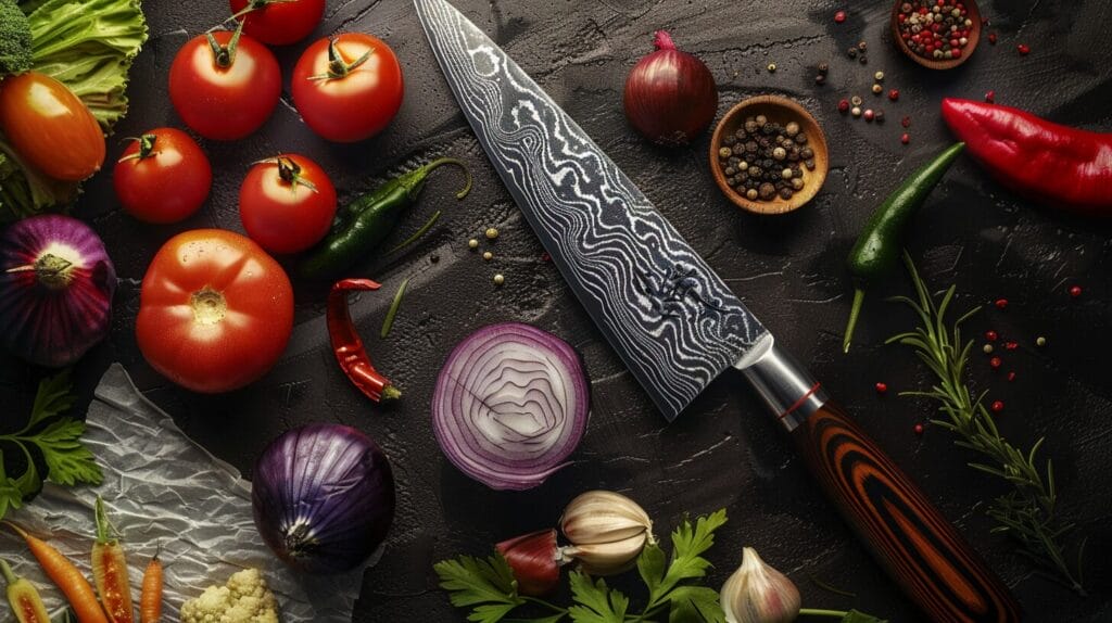 Various fresh vegetables and a Damascus chef’s knife on a dark textured surface, with spices and herbs scattered around.