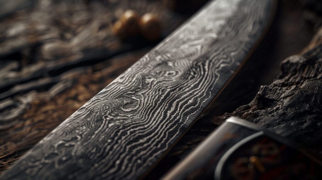 Close-up of a damascus knife showing its distinctive wavy pattern texture, resting on a rustic wooden surface.