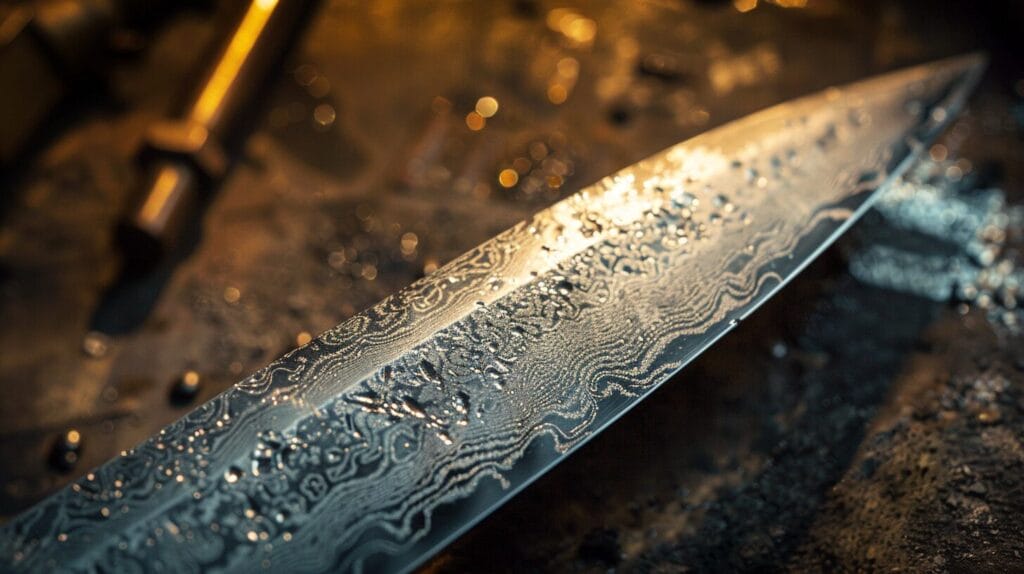 Close-up of a damascus steel knife blade demonstrating why it is better, showing intricate water-like patterns, with droplets of water and blurred tools in the background.