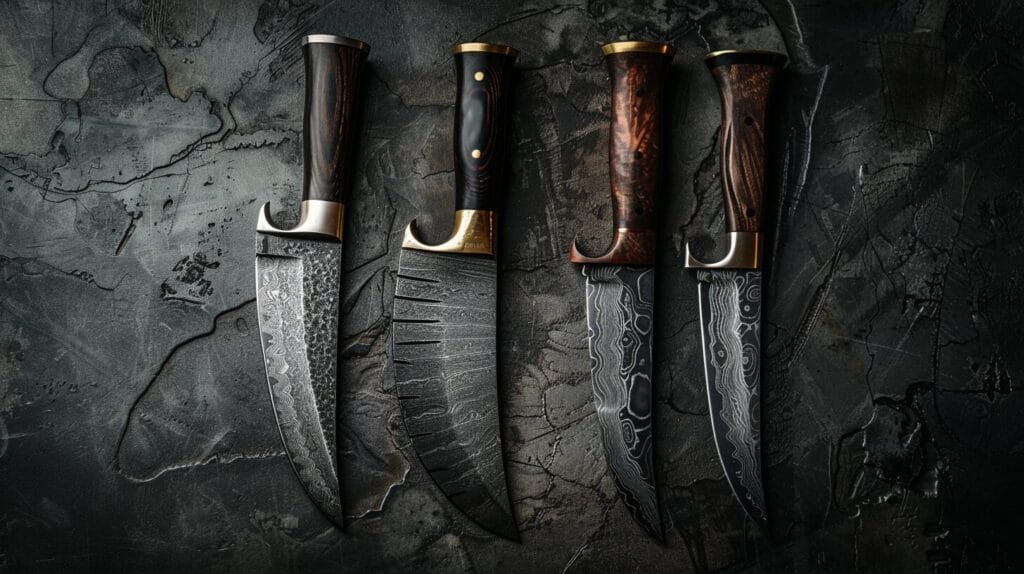 Four ornate hunting knives with damascus steel blades and wooden handles, displayed on a rugged dark textured background.