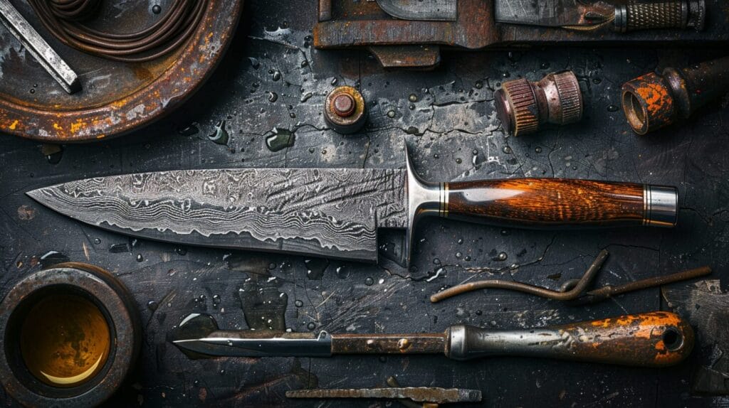 Damascus steel, known for its durability, forms the blade of a knife equipped with a wooden handle, which lies among various rusty tools and metal scraps on a dark, textured surface.