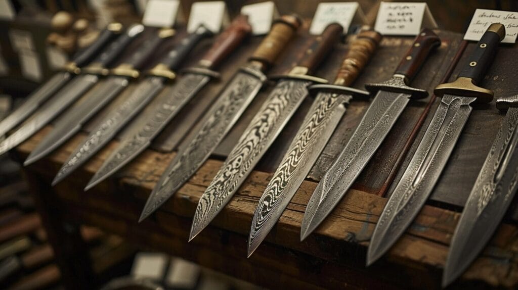 A row of finely crafted Damascus knives with intricate blade designs and varied handle materials displayed on a wooden table. Small placards with descriptions are placed above each knife.