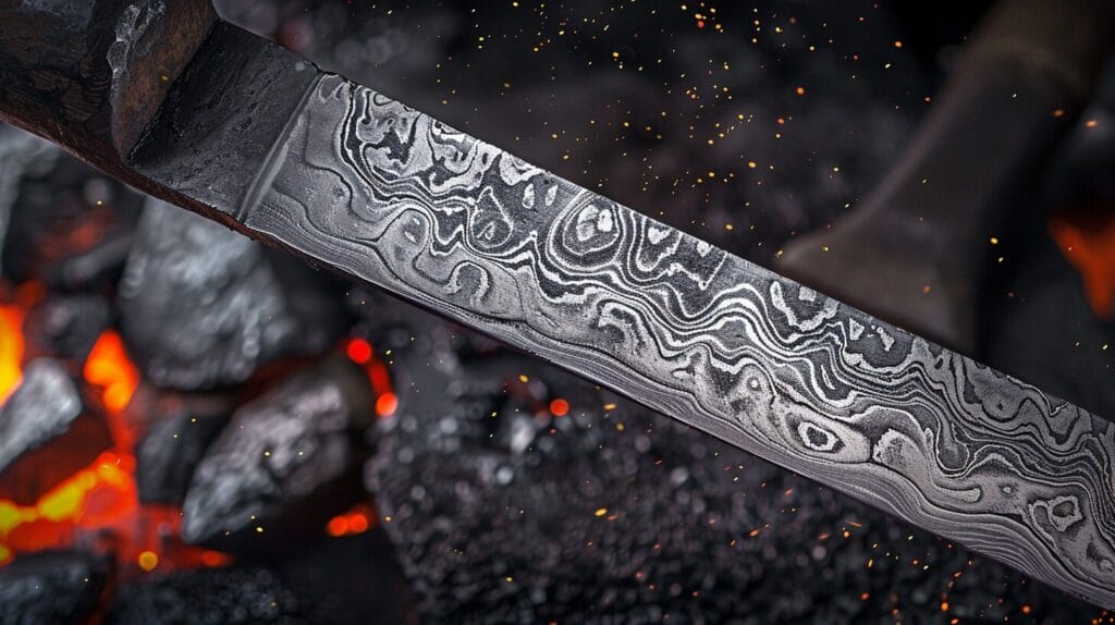 Close-up of a patterned metal blade with a swirling design forged in fire, with glowing embers and coals in the background.