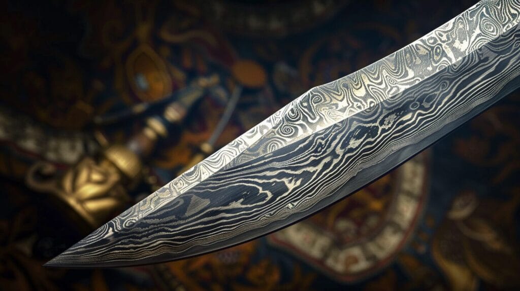 Close-up image of a Damascus steel blade with intricate, wavy patterns on its surface, set against a blurred, decorative background.