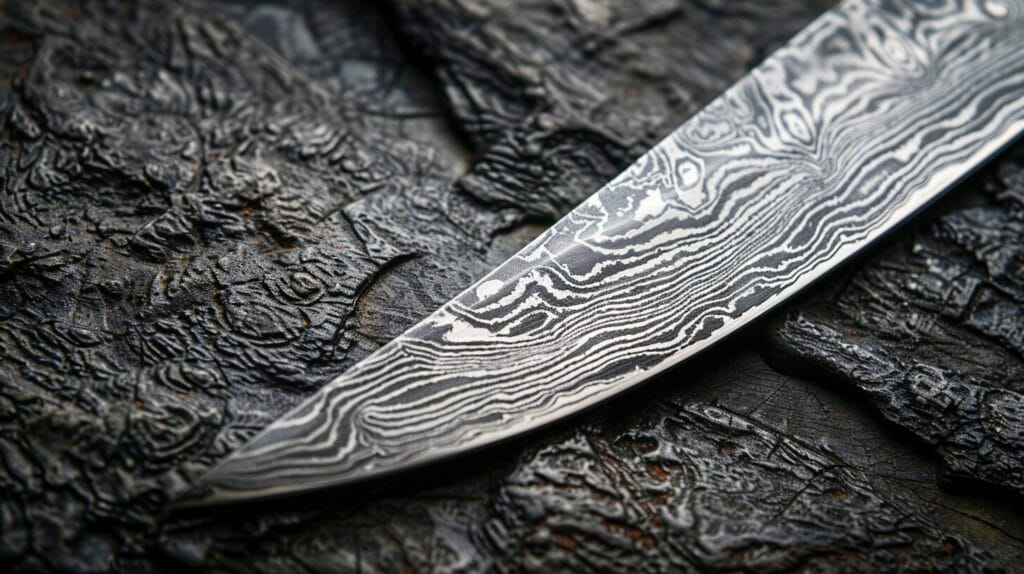 Close-up of a Damascus steel knife blade with intricate wave patterns, placed on a textured stone surface.